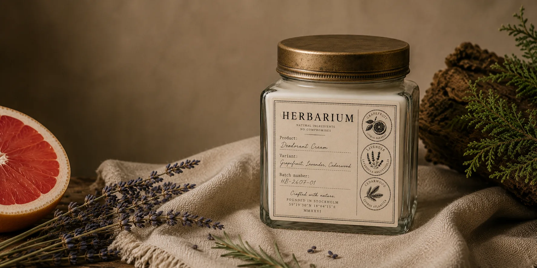 Herbarium Deodorant Cream i glasburk på linne med lavendel, grapefrukt och ceder